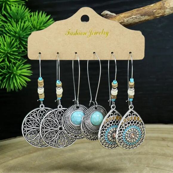 NEW Set of 3 Boho Western Silver Earrings – Beachy Bohemian Style, Turquoise - Picture 1 of 3